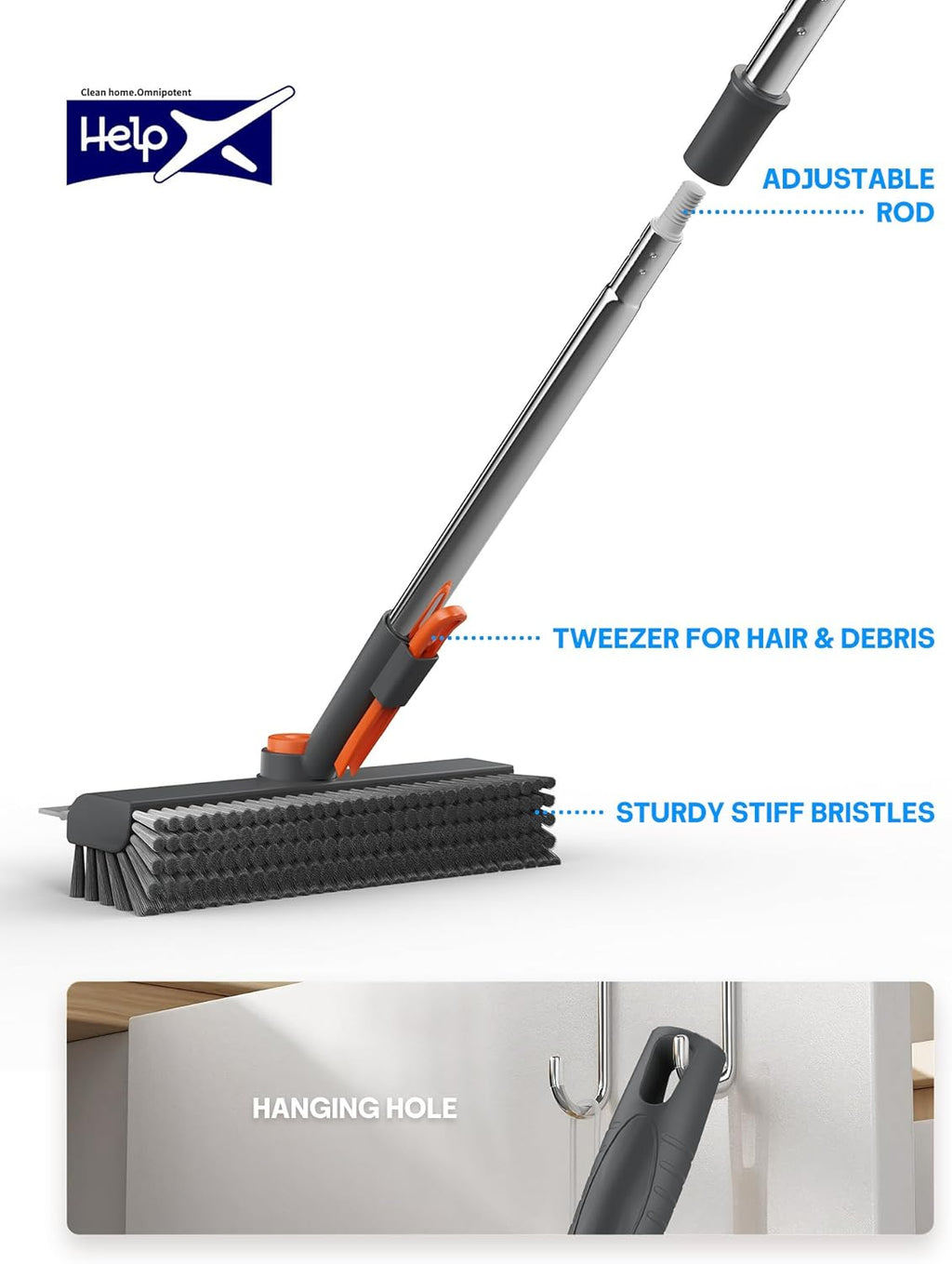 Floor Scrub Brush with Long Handle, 3 in 1 Multi-angle Swivel Right Angled Bristle Floor Scrubber Brush with Squeegee and Tweezer for Cleaning Tile Wall Deck Bathroom Patio Garage Kitchen (Grey)