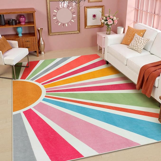 STARUIA Boho Machine Washable 6x9 Area Rugs for Living Room, Soft Non-Slip Large Sun Rainbow Nursery Kids Rug for Bedroom, Colorful Throw Rug Carpet for Classroom Office Dining Room(Color,6'x9')