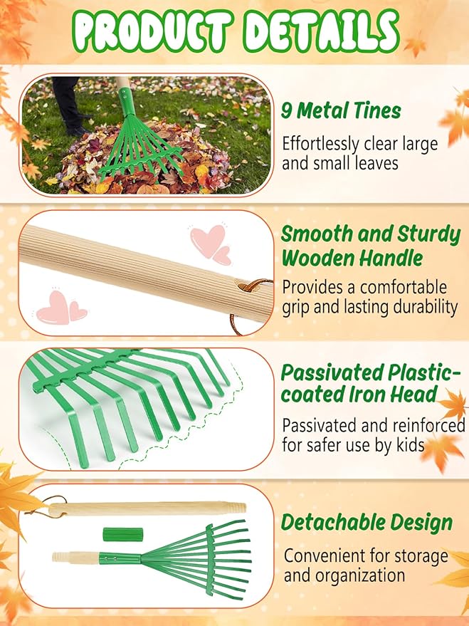 Kids Friendly Rakes for Leaves - 28" Child Size Small Rake with Durable Metal Head & Hardwood Handle, Real Lawn Garden Yard Tools for 3+ Years Kids Enjoy Helping Work Gifts (Green)
