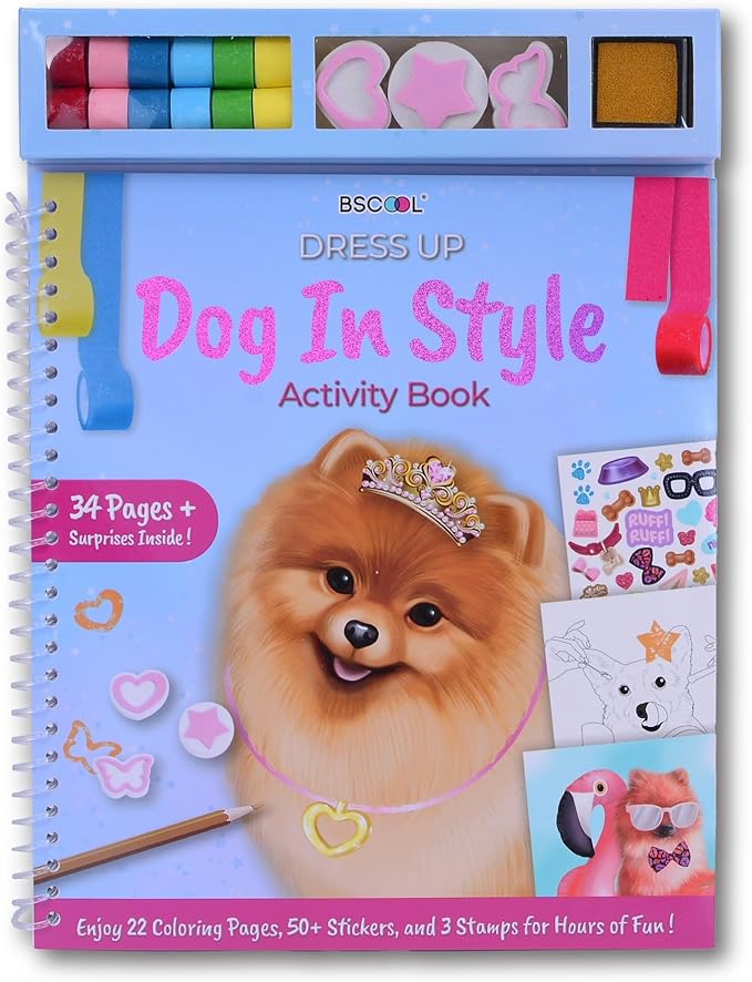 BSCOOL Dog in Style – Design Your Pet Fashion with 25 Coloring Pages, 3 Stamps, 50+ Stickers, Washi Tapes and Guides. Discover Unique Outfits for Dogs. Educational. Travel Friendly for Ages 5 and up.