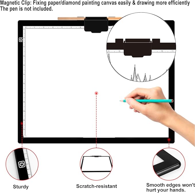 Diamond Painting Light Pad A3, LED Light Box Tracer w/Magnetic Clip & Pen Holder, 3 Level Brightness USB Power Dimmable Brightness Artcraft Tracing Light Pad for Drawing Sketching Diamond Painting