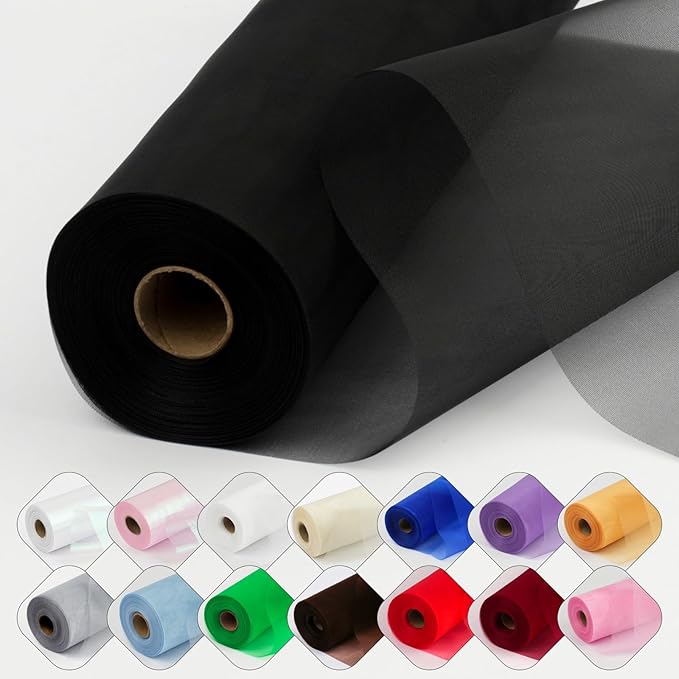 Crystal Organza Fabric Tulle 11 Inch by 50 Yards Sheer Tulle Rolls for DIY Craft Wedding Party Baby Shower Decor Gift Wrapping Party Supplies (Black)