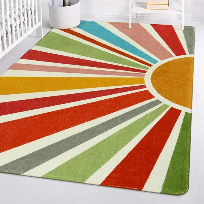 STARUIA Boho Washable Rug 4'x6' Kids Area Rug for Playroom, Non-Slip Kids Rug for Bedroom, Rainbow Modern Sun Carpet Soft Throw Sunshine Rugs for Office Nursery Entryway Dorm