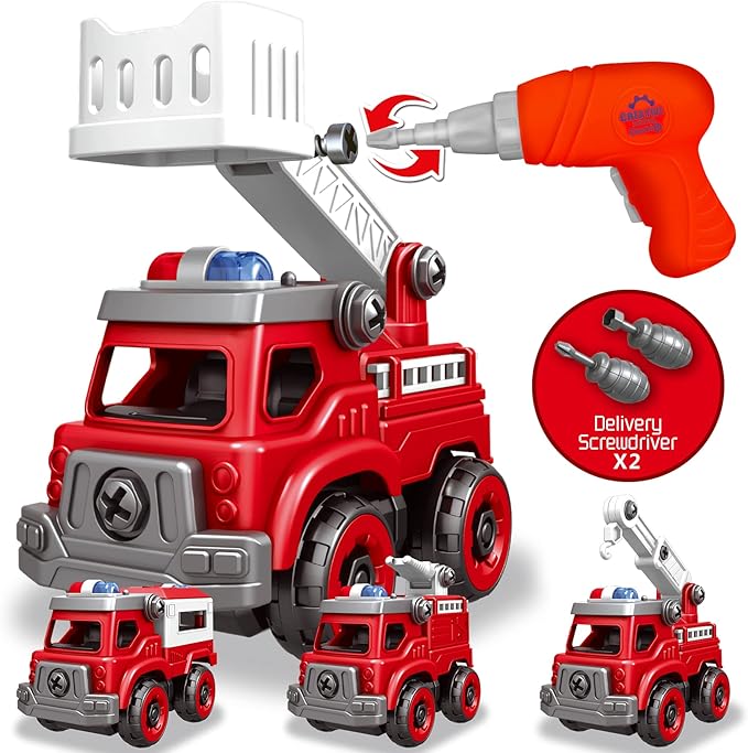 4-in-1 Take Apart Toys Truck with Electric Drill, DIY Assembly Fire Truck Toy Vehicles, Kids STEM Building Educational Cars Toys, Birthday Gifts for Age 3 4 5 6 7 8 Years Old Boys Girls