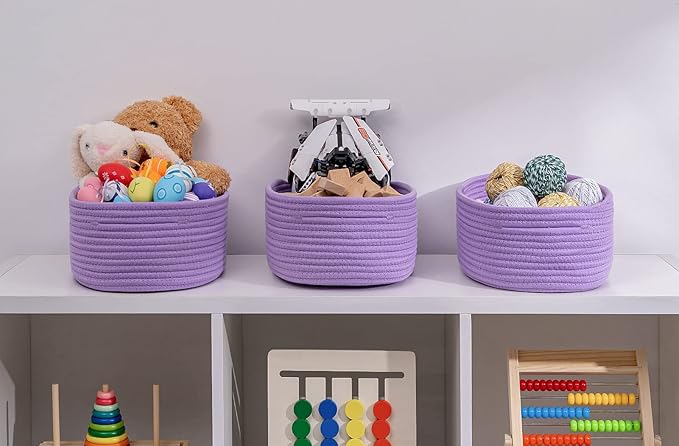 Baskets Bins for Shelf Storage Organizing/Cute Basket to Store and Organize Household Items/Woven Rope Basket for Living Room, Bedroom,Playroom,3 Packs Purple Basket