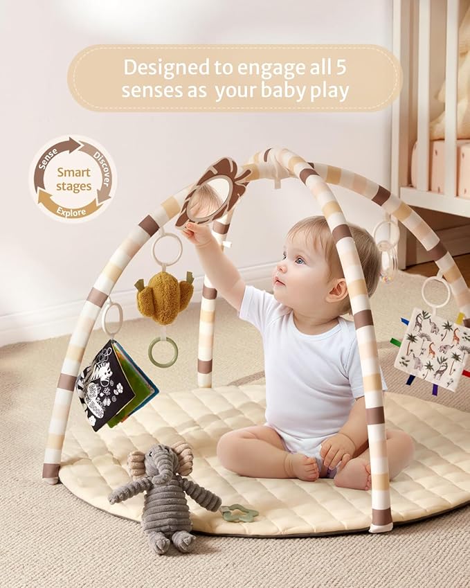 Blissful Diary Baby Play Gym Mat, Tummy Time Activity Mat with 6 Detachable Toys for Stage-Based Sensory & Motor Skill Development, Easy to Install & Clean, Baby Essentials Gift, Sandy Beige