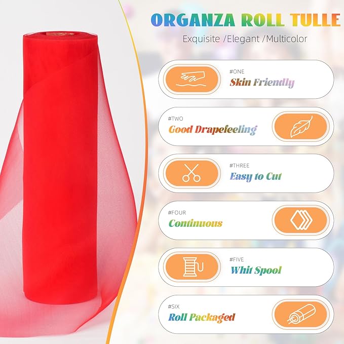 Crystal Organza Fabric Tulle 11 Inch by 50 Yards Sheer Tulle Rolls for DIY Craft Wedding Party Baby Shower Decor Gift Wrapping Party Supplies (Red)