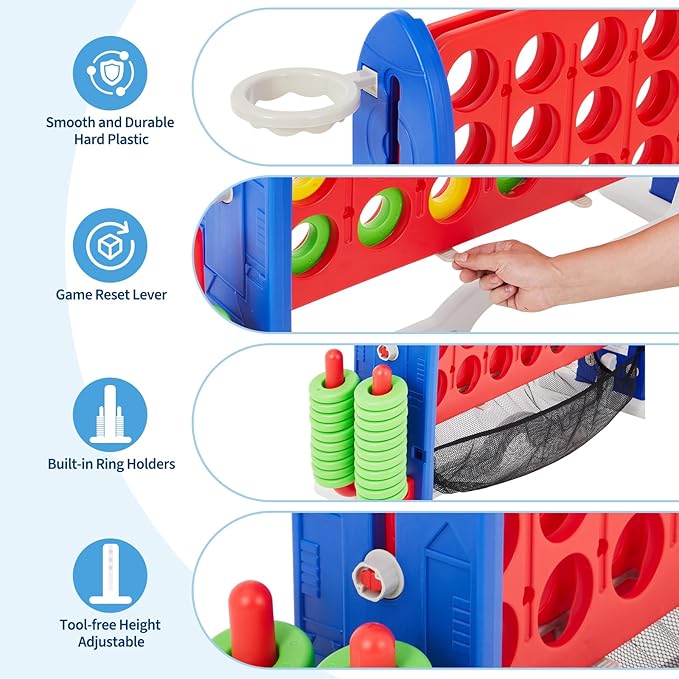 Giant 4 in a Row Game,Adjustable Height Board Jumbo 4-in-a-Row Game with Quick-Release Slider,Mini Basketball,Golf & Ring Toss Set for Family Party, Outdoor & Indoor