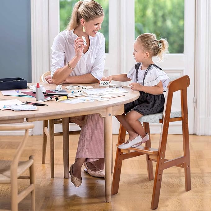 Wooden High Chair for Toddlers, Adjustable Dining Feeding Chair with Removable Cushion for Child, High Chair Grows with Your Kid with Steps for Kids Dining, Studying, Step Tool(Nut-Brown)