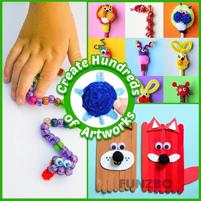 FUNZBO 1200pcs+ Arts & Crafts Supplies for Kids- Craft Kits with Pipe Cleaners, Pom Poms for Crafts, Popsicle Sticks for Craft, Craft for Kids Ages 4-8 Girls & Boys Birathday Gifts