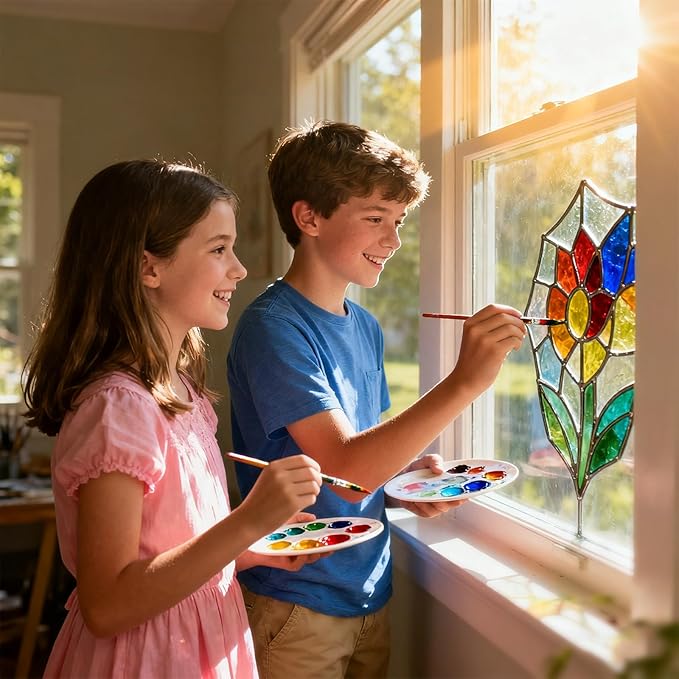 Magicdo Glass Paint Stained Transparent Glass Window Paint Set Great for Glass Painting, Wine Glasses, Light Bulbs, Ceramic, Non-Toxic, Waterproof, Halloween Art Decor(12 Colors x 12ml with Palette)