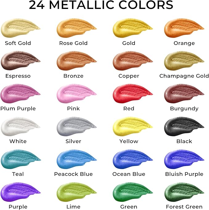 ARTME Metallic Acrylic Paint Set, 24 Metallic Colors in 2 oz/60ml Bottles, Metallic Shining Acrylic Paint, Rich Pigments Paint Perfect for Artists, Beginners on Canvas, Rocks, Wood, Fabric, Ceramic
