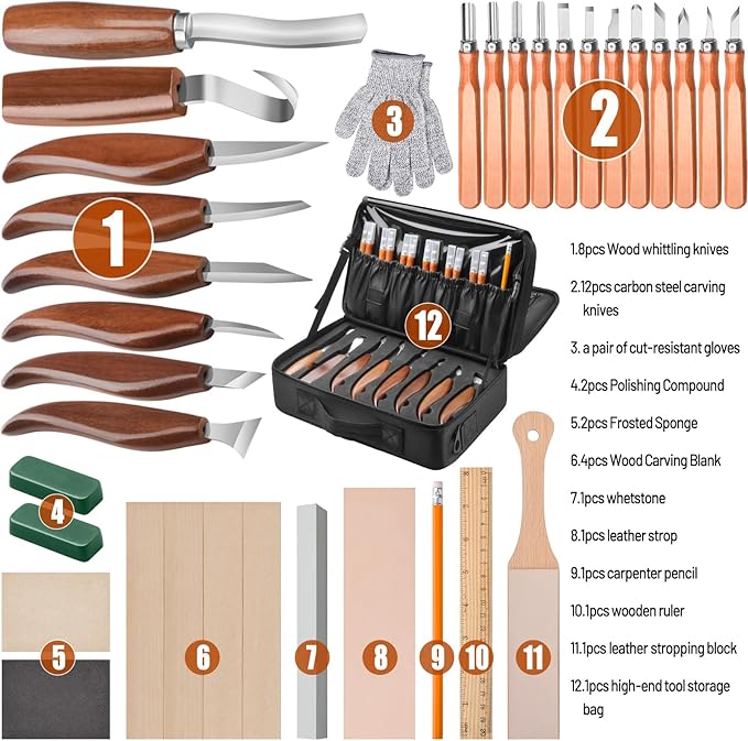 Olerqzer Wood Carving Kit,35-in-1 Wood Whittling Kit for Beginners,Whittling Knife Set Whittling Knife Wood Carving Knives Carving Tools with Large Storage Tool Bag(35PCS)