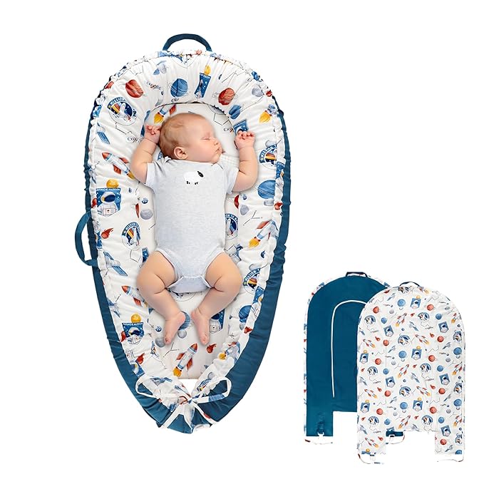 Baby Lounger Cover for Boys Girls, Reversible Baby Nest Cover, Adjustable Baby Lounger Replaceable Cover for Infant Newborn, Portable and Machine Washable, Cotton Blue Rocket Cover Only