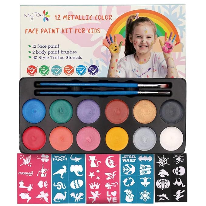 Maydear Face Painting Kit for Kids, 12 Colors Safe and Non-Toxic Large Water Based Face Body Paint - Pearl