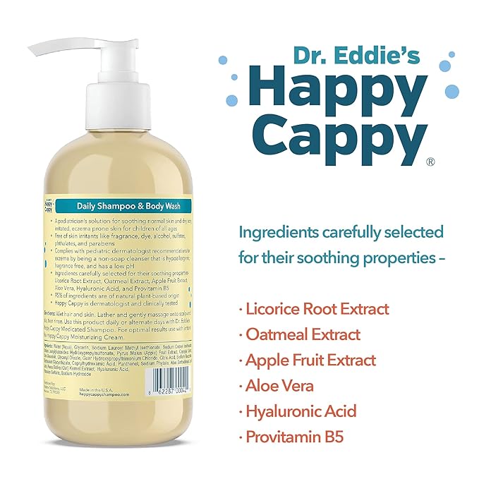 Happy Cappy Baby Shampoo and Body Wash - Shampoo & Body Wash for Eczema-Prone Skin, For Infants, Toddlers, & Kids, Reduces Itching and Redness, Dermatologist Tested, Fragrance Free - 8 fl oz