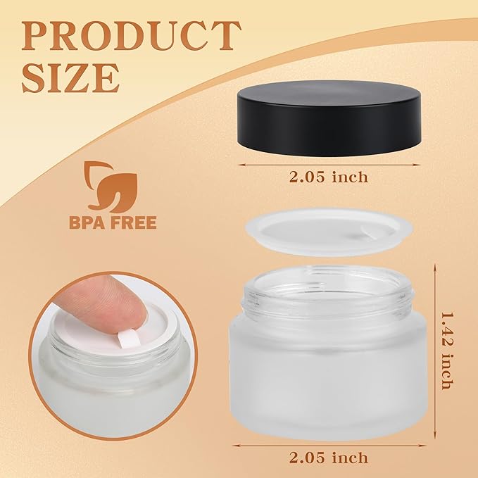 Glass Jars with Lids,Eco-Friendly Cosmetic Containers with Airtight Black Lids & Liners, Multi-Color Options for Cream, Lotion, Body Butter, DIY Skincare Travel Jars (Clear Frosted, 1oz)