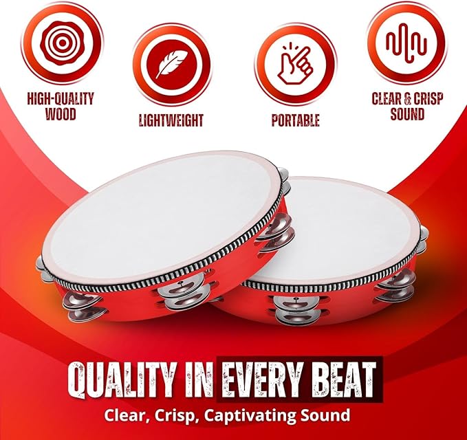 Flexzion Wood Handheld Tambourine (2 Pack) 8 Inch Double Row 12 Pair Jingles, Hand Held Percussion Drum Moon Musical Instrument with Metal Bell