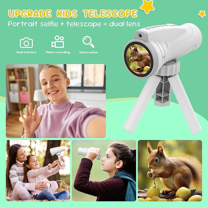 Kids Monocular for Bird Watching & Astronomy - Digital Telescope with Self-Timer, Boys Girls Camping Outdoor Exploration (White)