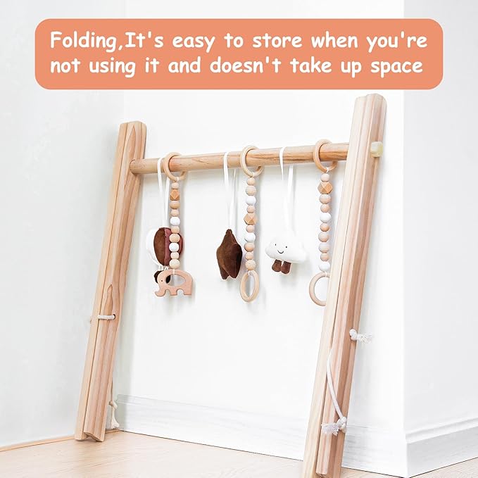 Razee Wooden Baby Play Gym Play Mat, Foldable Baby Gym with 6 Hanging Sensory Toys for Newborn Shower Gift