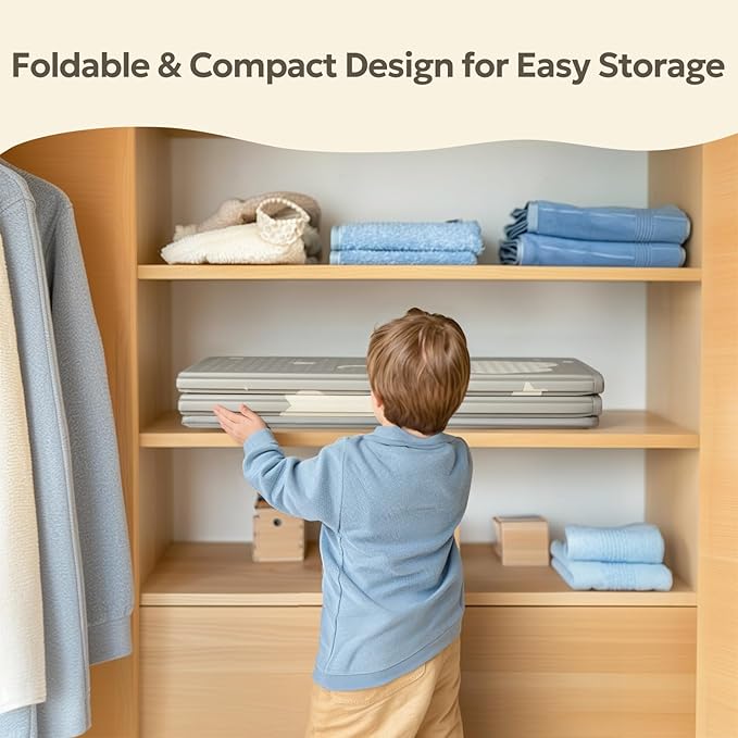 Extra Large Foldable Play Mat, Reversible Baby Play Mat with Edge Reinforcement, Non-Toxic & Waterproof Baby Mat for Floor, Foam Playmat for Infants Toddlers, Rainbow, Cloud & Moon, 50''x50''