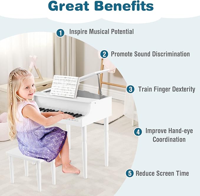 HONEY JOY Classical Kids Piano, 30-Key Mini Grand Piano with Music Stand and Bench, Wooden Musical Instrument Toy w/Lid & Music Rack, Gift for Boys Girls Ages 3+ (4 Straight Leg-White)