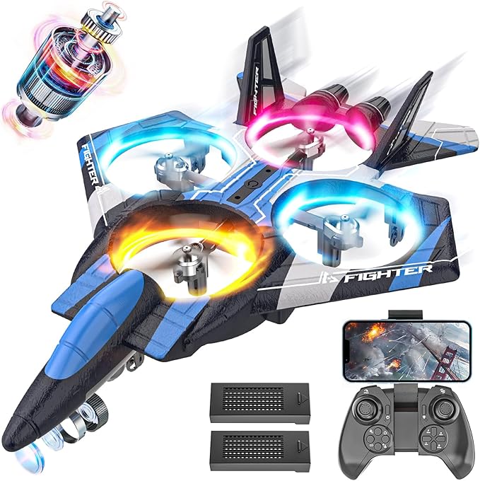BEZGAR RC Plane for Kids | 2.4GHZ Brushless Drones with Camera, 6-axis Gyro Remote Control Airplane, 360° Flip Fighter Jet Toy, Toys for ages 8-13 with Colorful LED Navigation Lights Blue