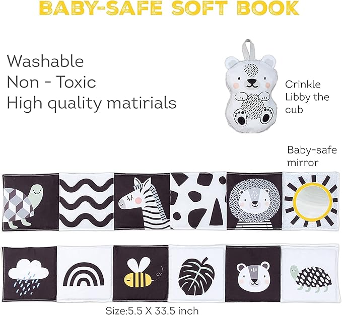Taf Toys Newborn Soft Activity Book Black & White High Contrast Baby Book Infant Sensory Toys Tummy Time Soft Cloth Books for Babies Textured Fabric Crinkling Shapes Patterns 0-12 Months Newborn Toys