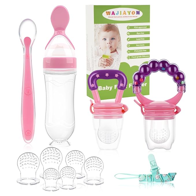 WAJIAYON Baby Fruit Feeder Pacifier - 12 Pack | 2 Infant Food Feeder Pacifier & 1 Baby Food Dispensing Spoon | Fresh Fruit Teethers for Babies | Silicone Feeder Babies,Infant Teething Feeders (Pink)