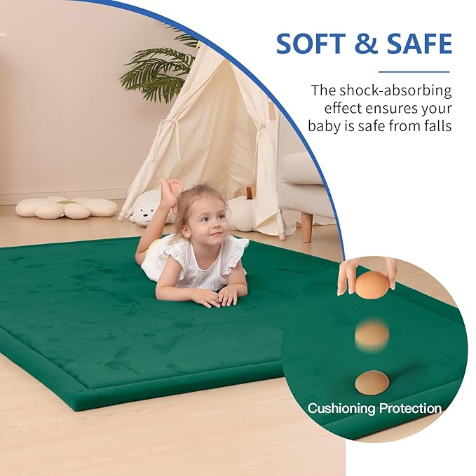 Baby Play Mat for Floor,1.3" Thick Memory foam Tummy Time Mat,Soft Coral Velvet Nursery Rug,Extra Large Non Slip Crawling Mat for Toddlers,Infants,kids,Yoga,Tatami Style for Living Room(Dark Green)