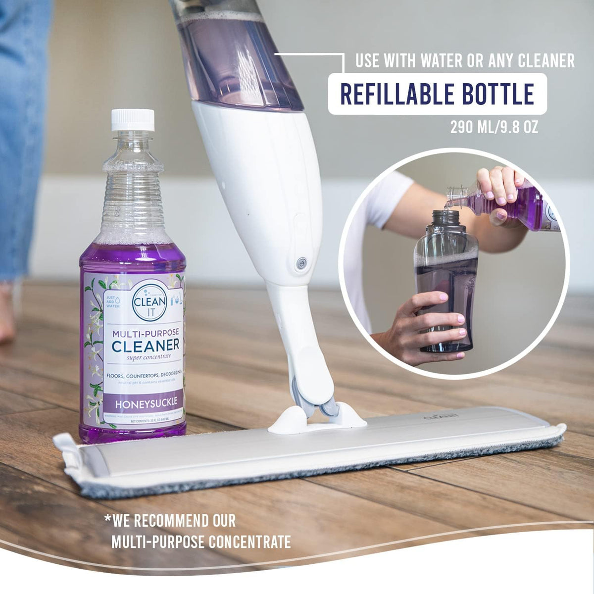 Don Aslett's Spray Mop Plus+ for Floor Cleaning| 360° Rotatable Head | Reusable Microfiber Pad | Rubber Scraper | Refillable Bottle | Suitable for All Floor Types Including Laminate, Hardwood, Tile