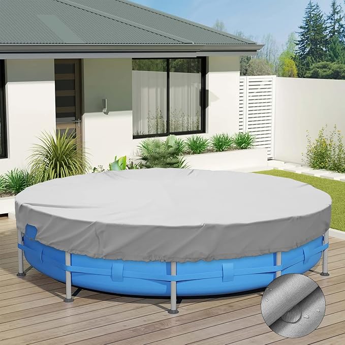 ECOOPTS 8 ft Waterproof Round Polyester Pool Cover for Above Ground Pools, Swimming Pool Cover Protector Winter Safety Cover (Light Grey)