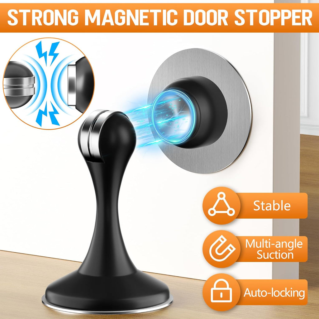 Crosize Magnetic Door Stoppers 4 Pack, Stainless Steel Door Catch for Wall and Floor Mounting, Door Holder Keep Door Open, No Drilling Door Stop with Adhesive Tapes, Black