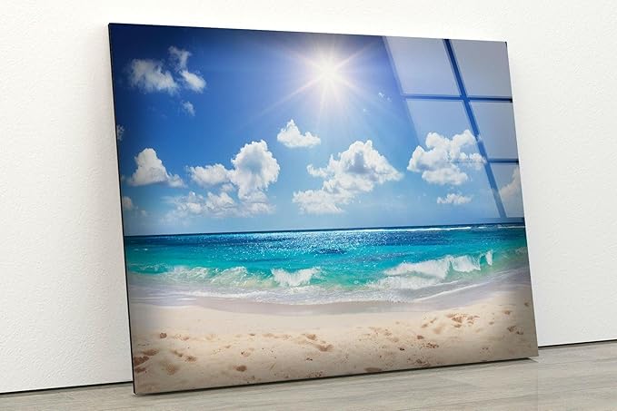 My Photostation.com 20Wx14H'' Summer Beach Landscape Glass Wall ArtTempered Glass Printing Wall Decor Large Wall Art Wall Hangings