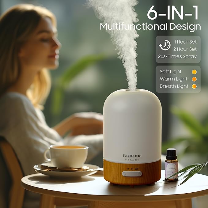 Essential Oil Diffuser, Quiet 6-in-1 Premium Humidifier, 100ml Small Aromatherapy Diffuser with Auto Shut-Off Function, Ultrasonic Diffusers for Essential Oil