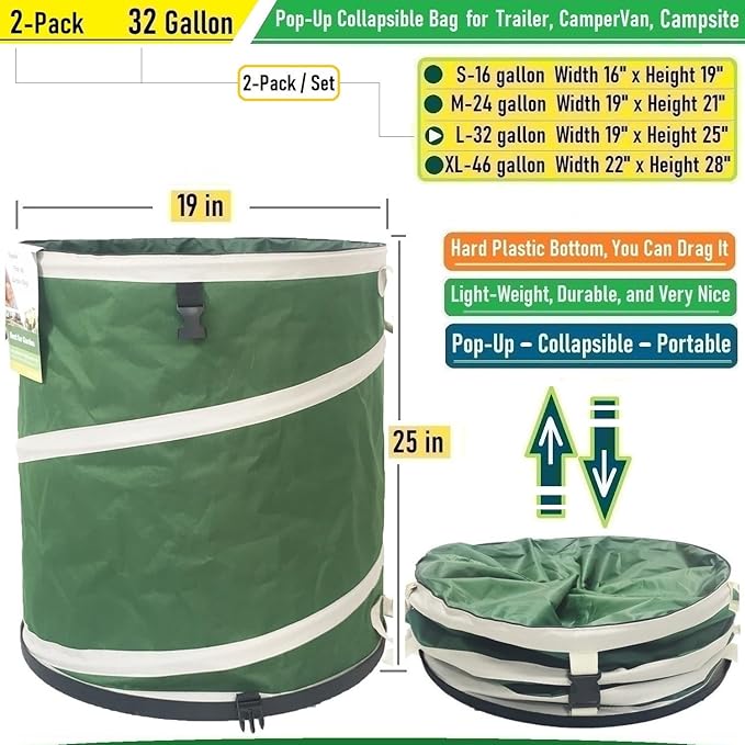 2-Pack 32 Gallon Collapsible Trash Can (19x25 in) Solid Bottom for Yard Waste Bag,Yard Debris Bag,Pop-Up Trash Can,Recycling Bin,Camping Waste Bin,Laundry Hamper,Lawn Grass,Garden Weeds Bags,Leaf Bags