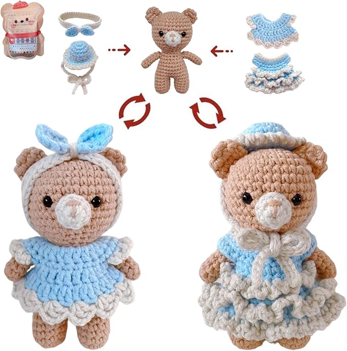 LoopMap Crochet Kit for Beginners, DIY Amigurumi Bear with Removable Dress & Accessories, Step-by-Step Video Tutorials Extra Yarn Crochet Tools, Handmade Gift for Kids & Adults (Bear-Blue)