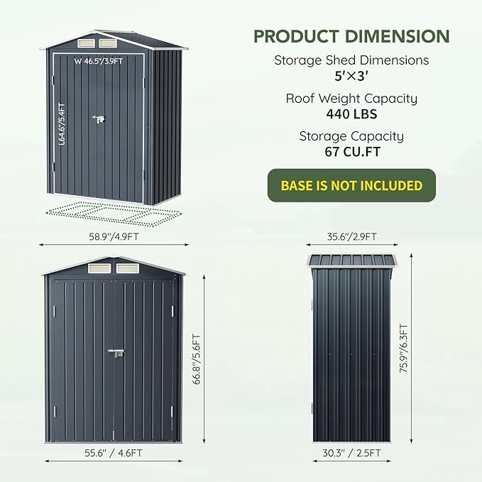 5x3 FT Outdoor Metal Storage Shed, Double Door, 1 Clear Window, Tool Shed for Garden, Patio, Backyard