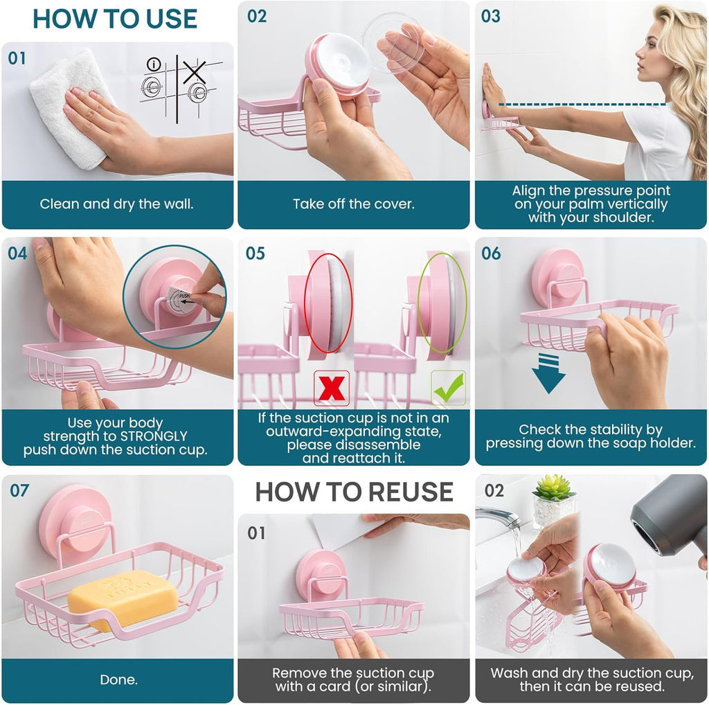 TAILI Soap Holder Bar Dish Suction Cup, Bar Shampoo Rack for Shower Wall, Draining Soap Saver Tray for Bathroom, Rustproof Stainless Steel Sponge Holder for Tub, Kitchen, Drill-Free, Pink