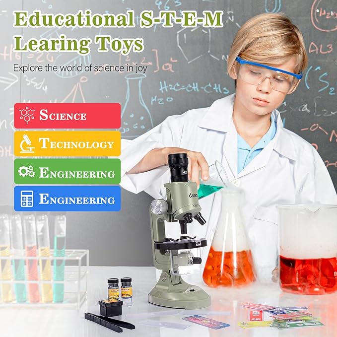 Little World Microscope for Kids, 100x 400x and 1200x Science Kits for Kids Age 5-7 Age 8-12, Microscope Beginner Kit with LED, Learning Resources Toys, Science Experiment STEM Kits, Green