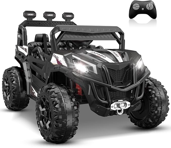 ANPABO 24V 4X4 Ride on Car Truck w/Remote Control, 4WD/2WD Switchable Kids UTV, 19" Spacious Seat, 4 Shock Absorbers, Soft Start, Music Player, Electric Car for Kids Ages 3+(Black