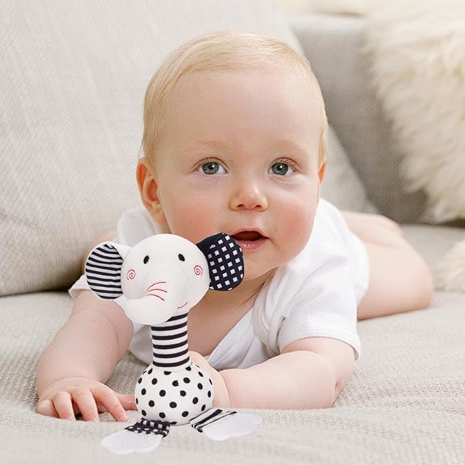 Black & White Elephant Baby Toys 0-12 Months - Plush Sensory Rattle with Teether, Wind Chime, BB Squeaker & Embroidery for Visual, Hearing & Cognitive Development