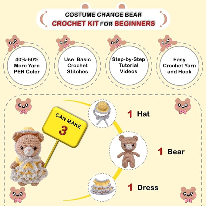 LoopMap Crochet Kit for Beginners - DIY Amigurumi Bear with Removable Dress & Accessories - Step-by-Step Video Tutorials, Extra Yarn, Crochet Tools, Handmade Gift for Kids & Adults (Bear K02, Yellow)