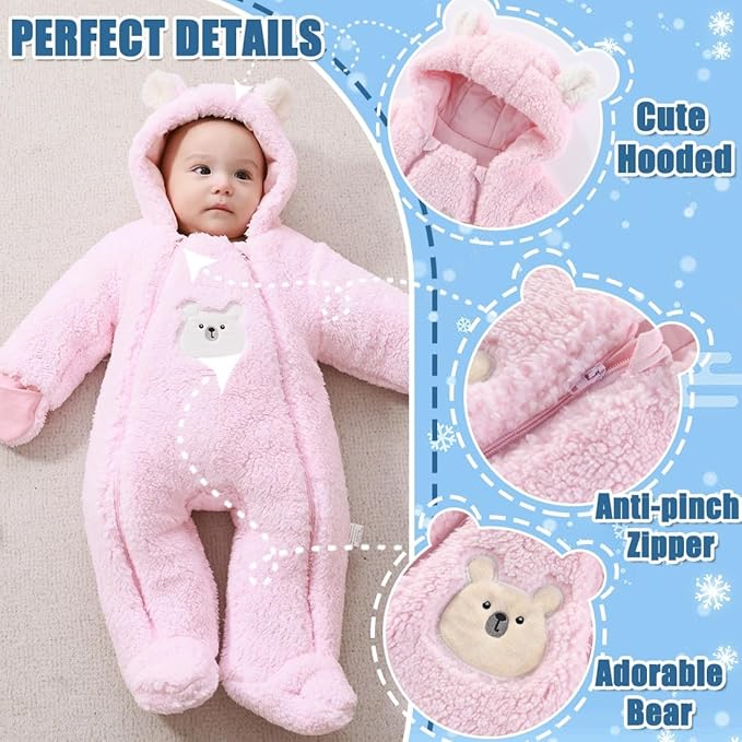 Fairy Baby Newborn Baby Winter Snowsuit Bear Thick Romper Footie Double Zip Hooded Jumpsuit Fleece Coat Infant Boy Girl 0-12M