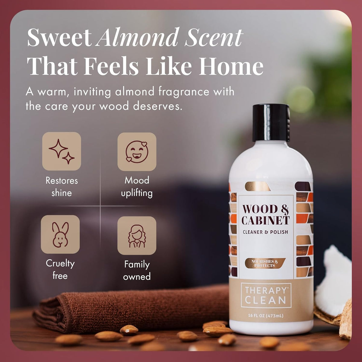 Therapy Wood Polish Bundle with Microfiber 16 oz. - Wood Furniture Polish, Best Furniture Cleaner - Almond Scent - Cleaner, Cabinet and Table Restorer, Natural Conditioner