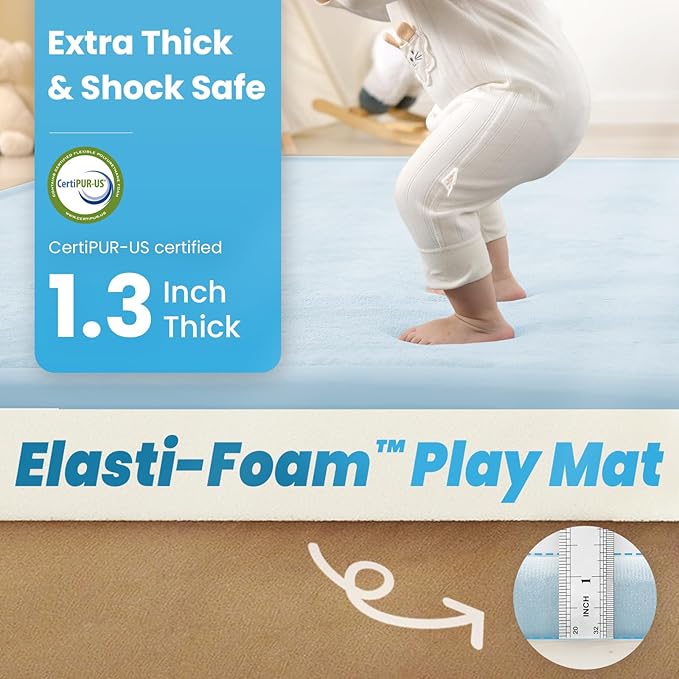 Baby Play Mat for Kids Room,Extra Thick Elasti-Foam Anti-Fall Cushion Mat for Babies,Toddlers,Infants,Water-Repellent&Non-Slip Bedroom Bedside Rugs(Ice Blue)