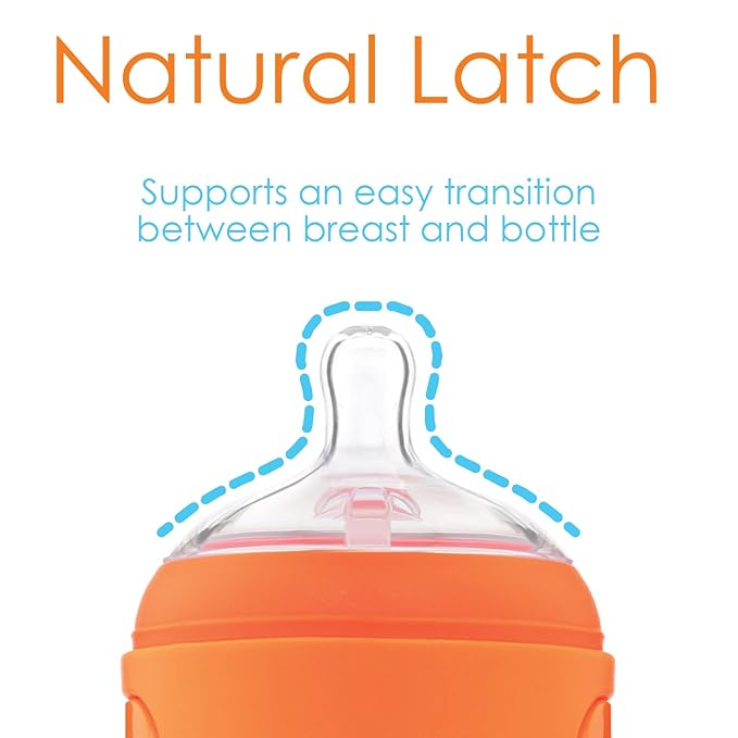 PopYum 5 oz Orange Anti-Colic Formula Making/Mixing/Dispenser Baby Bottles, 3-Pack with #1 Slow Flow Nipples, 150 ml, BPA-Free, Natural Latch