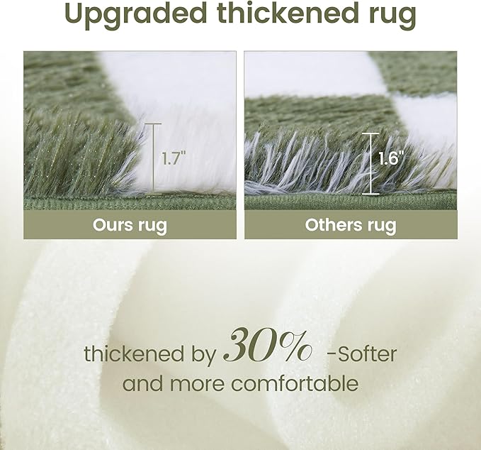 Super Soft Rug for Bedroom, 3x5 Ft Green and White Area Rug Classic Checkered Shaggy Anti-Skid High Pile Soft Fluffy Rug Fuzzy Carpet for Living Room Bedroom Kids Room Nursery, Dorm Home Decor