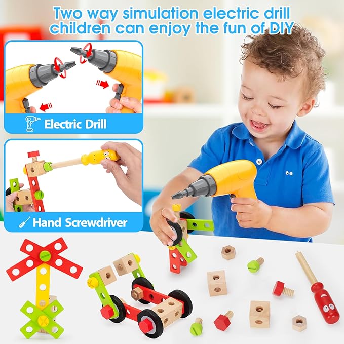 Kids Tool Set Toy with Drill, Stem Montessori Toys for 3 4 5 Years Old Boy Girl, 44 Pcs Wooden Toddler Tool Kits Inc Box, Learning Educational Construction Toy