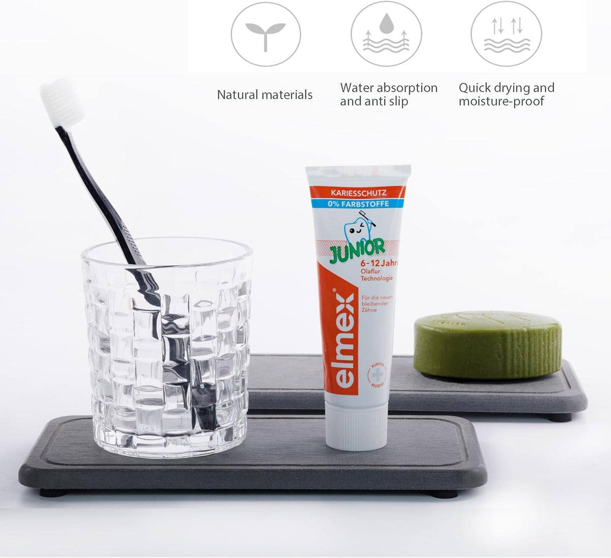 2 Pcs Water Absorbing Stone Trays, Kitchen/Bathroom Sink Soap Dish, Diatomite Tray Used for Hand Soap & Cosmetic Bottles in The Modern Home, 4" W x 8.3" L, Dark Gray